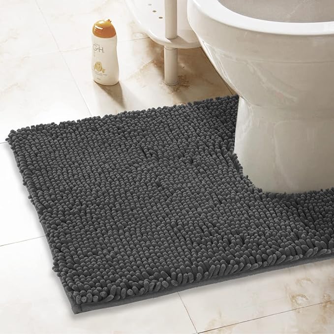 ITSOFT Non-Slip Shaggy Chenille Toilet Contour Bathroom Rug with Water Absorbent, 24 x 21 Inches U-Shaped Grey