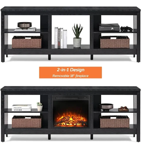 Fireplace TV Stand for 75 inch, Black Wood Entertainment Center for 80 inch TV ...