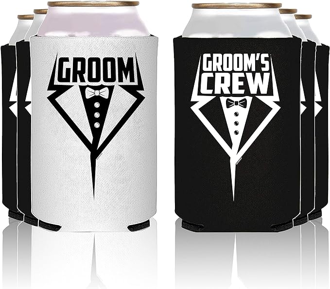 NeeNoNex Groom and Groom's Crew Tuxedo Insulated Can Coolie Coolers (6, G + Groom's Crew Tux)