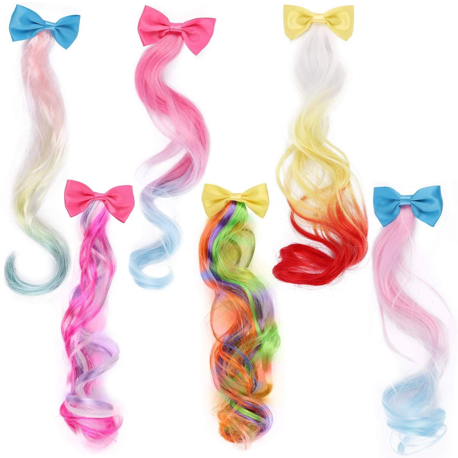 6 Pcs Colored Kids Hair Extensions with Cute Clips Bows for Little Girls