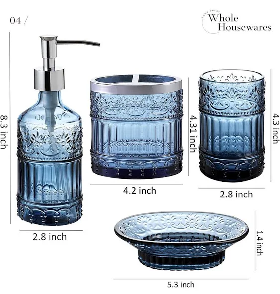 Whole Housewares Bathroom Accessories Set, 4-Piece Bath Accessory Blue