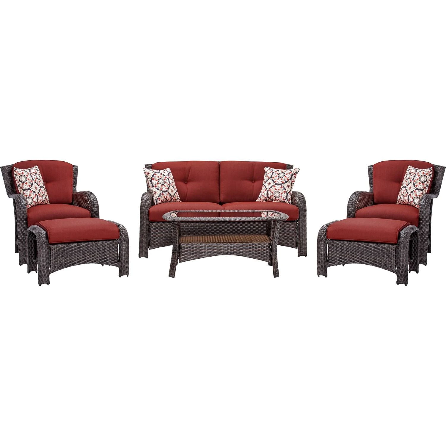 Cambridge Corrolla Outdoor 4-Piece Conversation Set w/Loveseat, 2 Swivel Chairs, Thick Cushions, 4 Accent Pillows and a Glass-Top Coffee Table, Patio Conversation Set for Backyard, Deck, Red