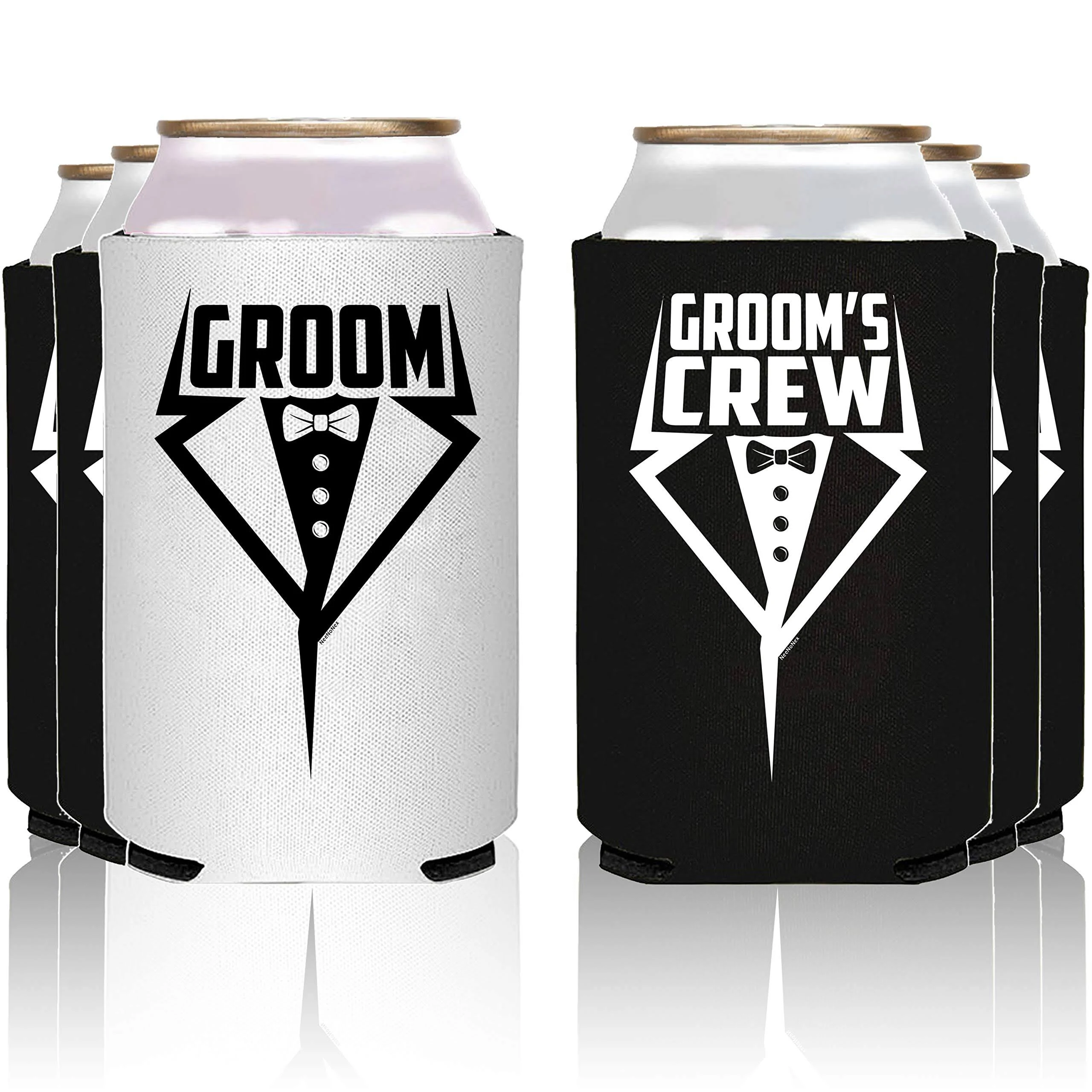 NeeNoNex Groom and Groom's Crew Tuxedo Insulated Can Coolie Coolers (6, G + Groom's Crew Tux)