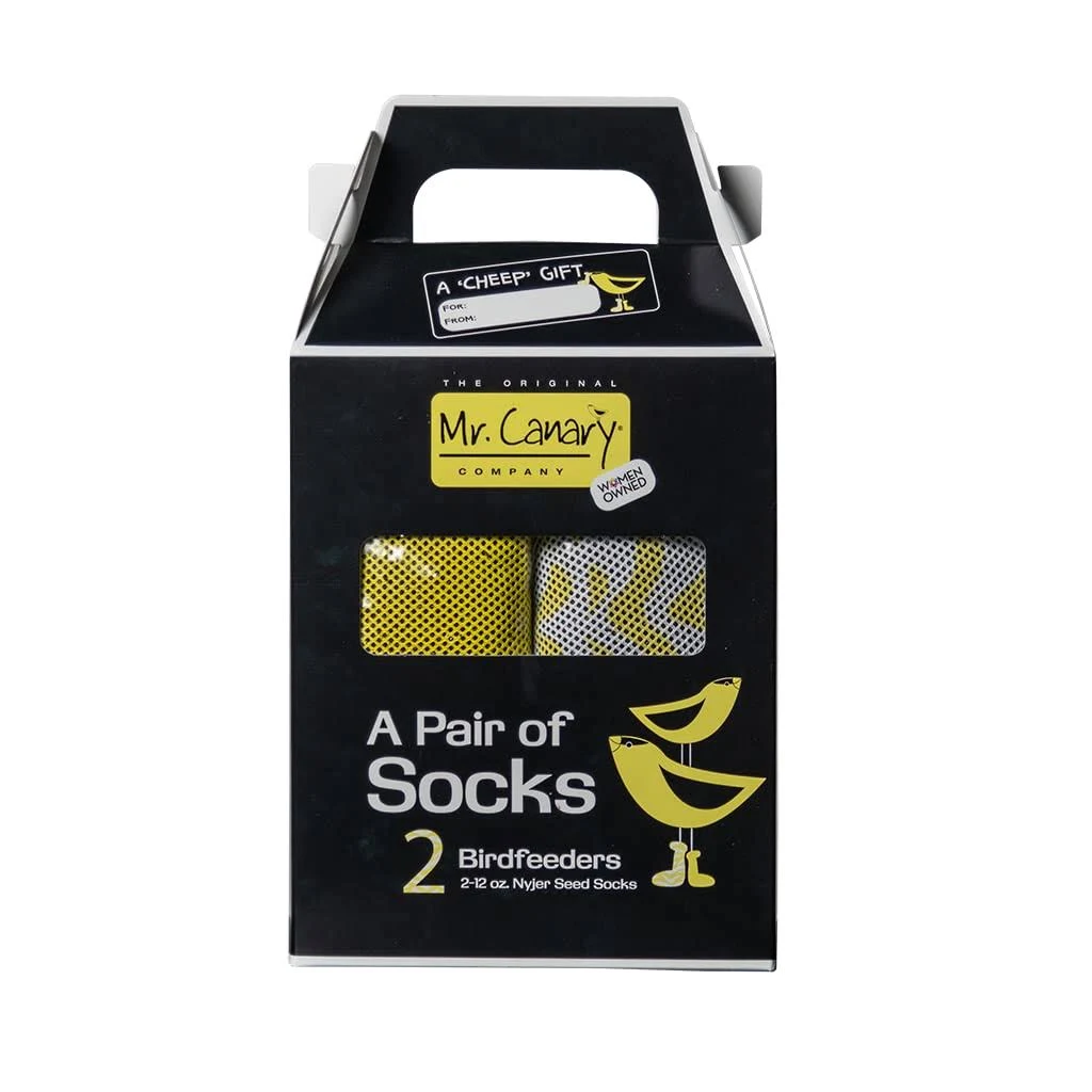 Mr Canary Yellow Pair of Socks Finch Sock Feeders, 2pk, Seed-Filled All-Season Feeders, 24oz Total