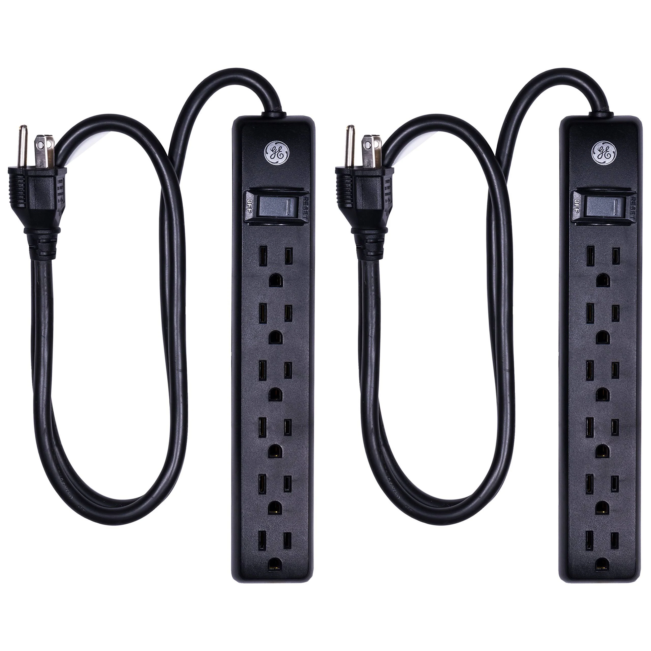 GE 6-Outlet Surge Protector 2 Pack, 3 Ft Extension Cord, Power Strip, 450 Joules