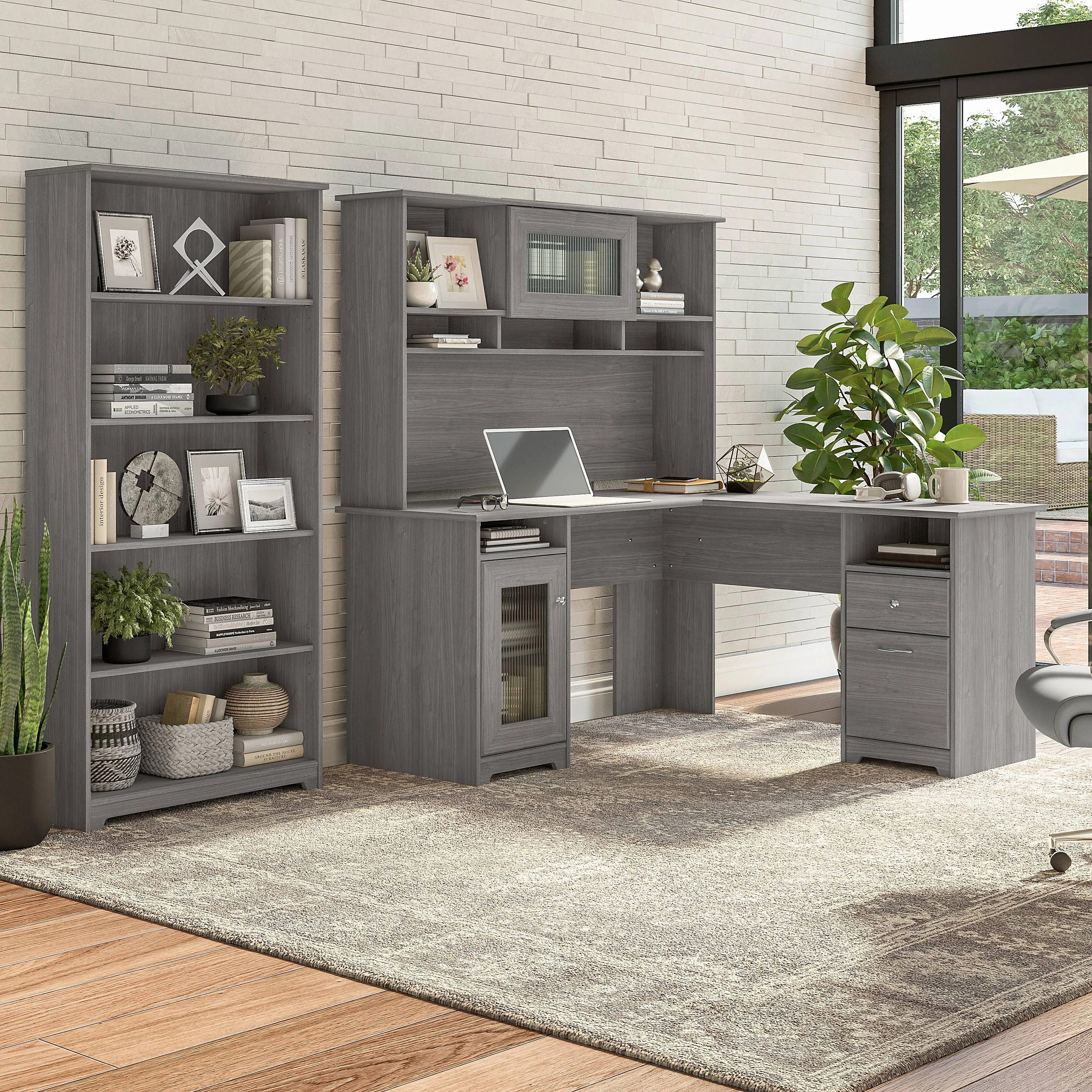 Bush Furniture Cabot 60W L Shaped Computer Desk with Hutch and 5 Shelf Bookcase Ash Gray