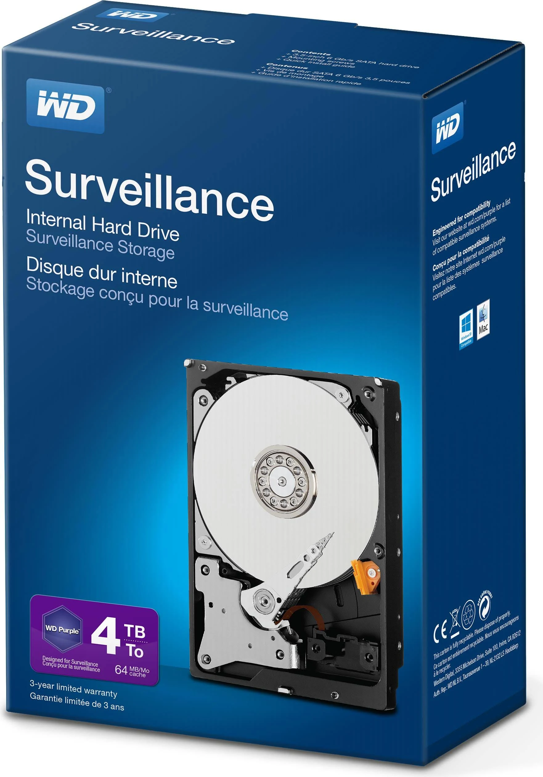 WD Purple 4 TB Surveillance Hard Disk Drive, Intellipower 3.5 Inch SATA 6 Gb/s 64 MB Cache 5400 RPM