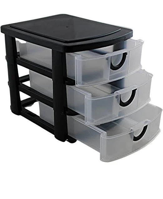 3 Drawer Mini Plastic Organizer Valet Makeup HBA Cosmetics Arts & Crafts Desktop Stationery Multi Purpose 7.5" x 6" x 6.5" (Black)