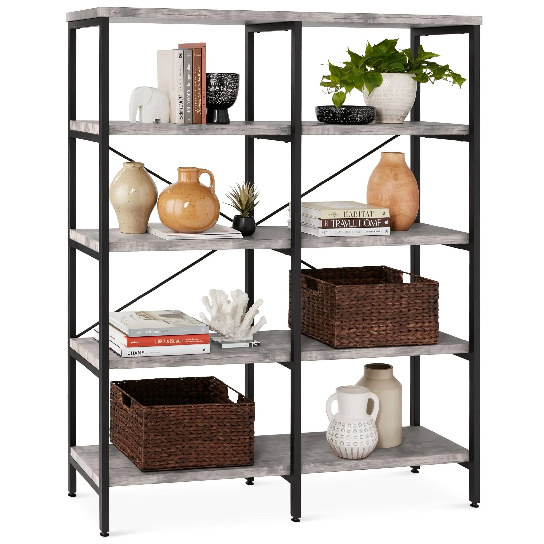 Best Choice Products Large Bookshelf 5-Tier Decorative Home 55in Double Wide Bookcase Furniture for Living Room Storage, Walkway, Entryway w/Industrial Shelves - Brown