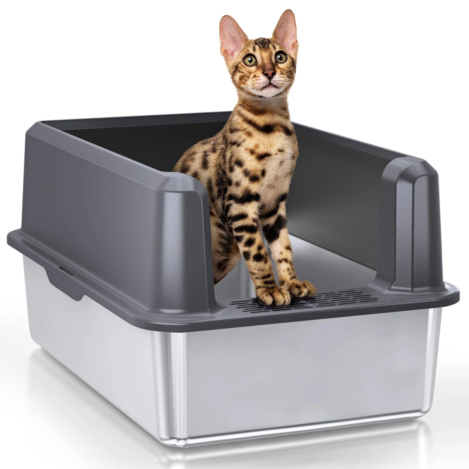 Enclosed Stainless Steel Cat Litter Box with Lid, XL Extra Large Litter Box f...