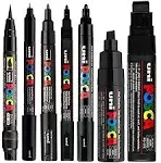 Uni Posca Mixed Marker Pack - 7 Paint Markers in Various Sizes - Brush, 1Mr, 1M, 3M, 5M, 8K, 17K (Black)