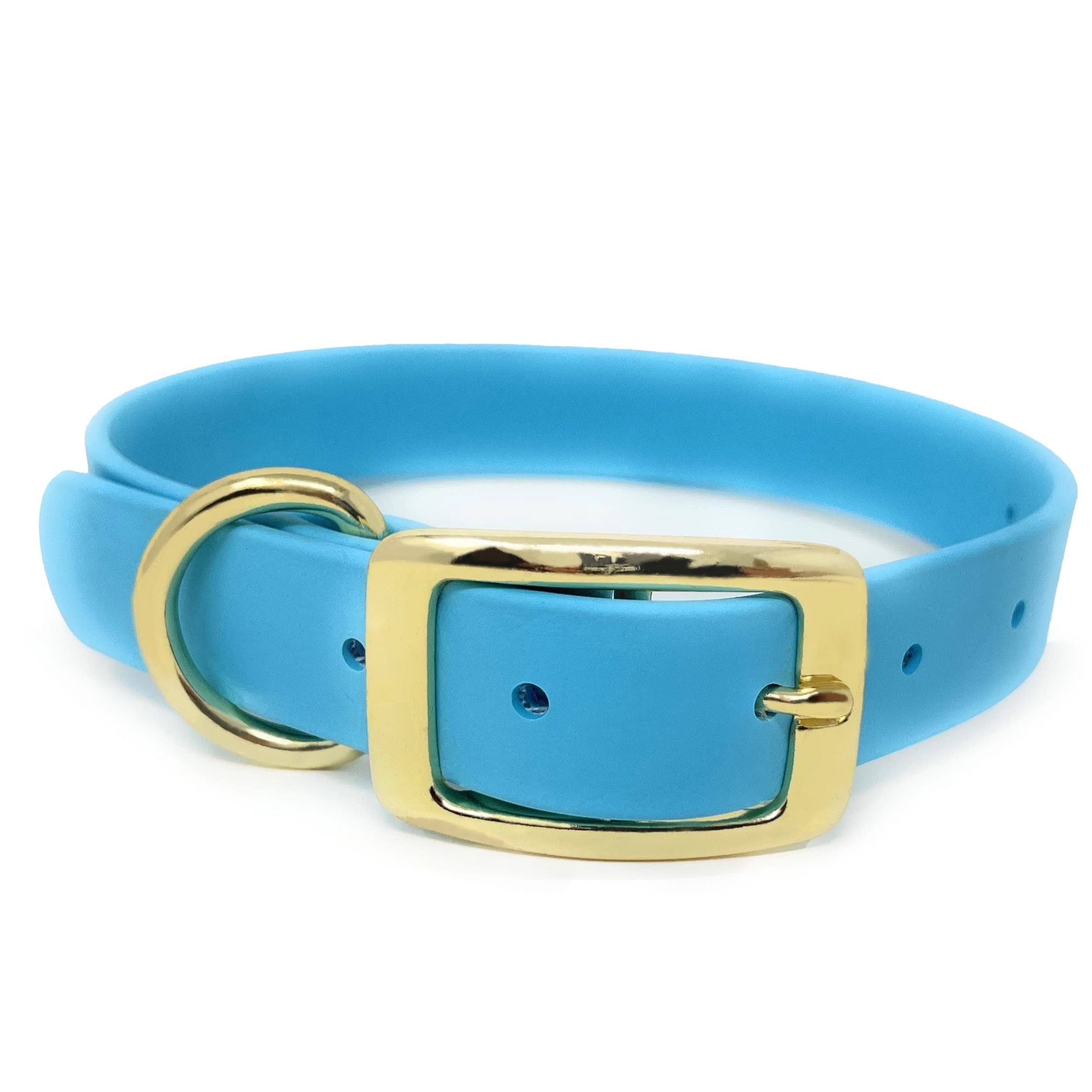 Regal Dog Products Large Light Blue Waterproof Dog Collar with Gold Buckle, Resilient and Durable Materials, Comfortable Design - for Small, Medium, and Large Breed Dogs