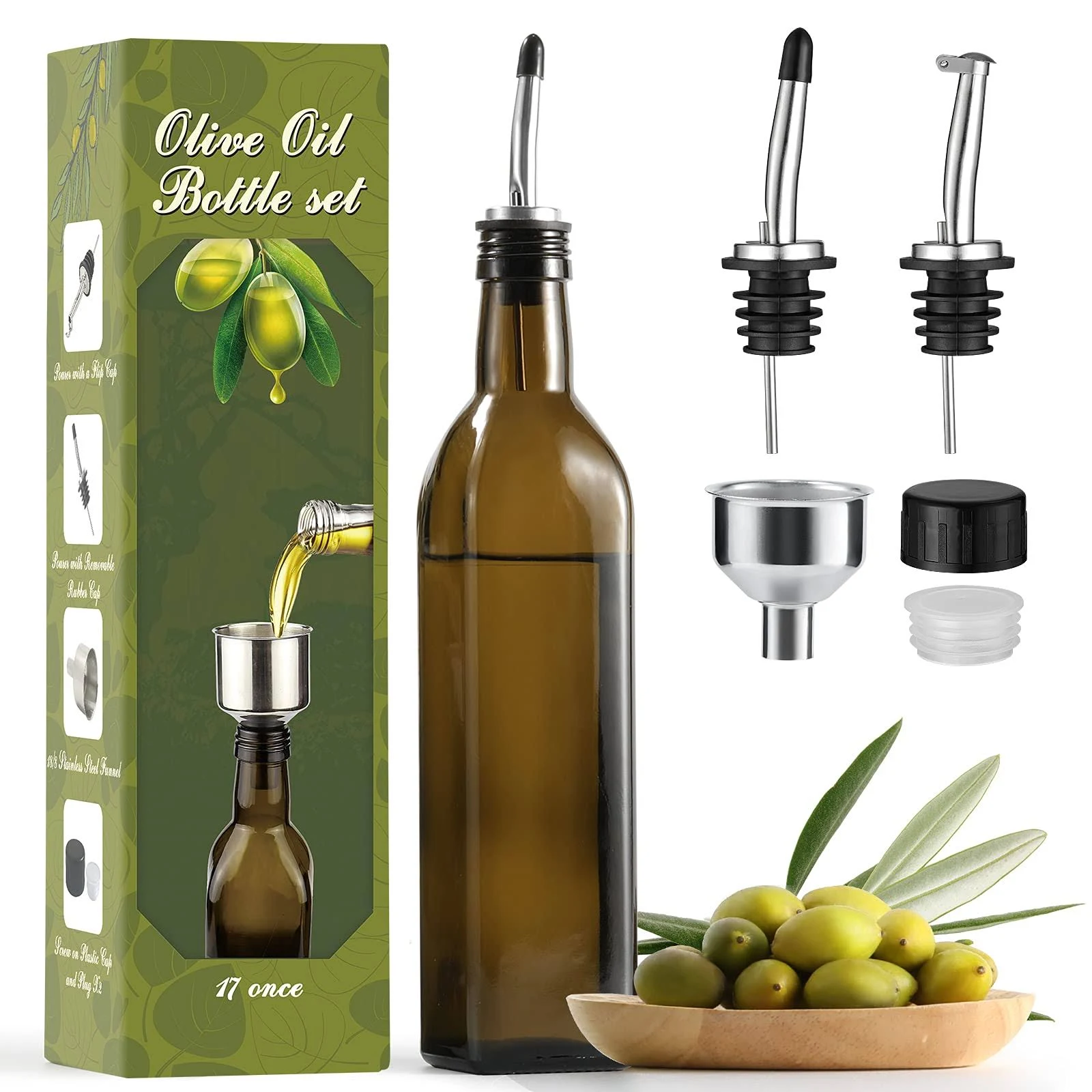 AOZITA 17oz Glass Olive Oil Bottle Set - 500ml Dark Brown Oil & Vinegar Cruet