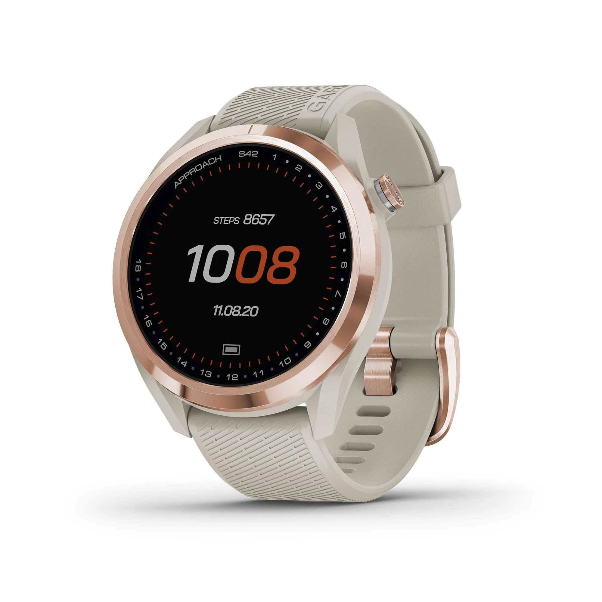 Garmin Approach S42, GPS Golf Smartwatch, Lightweight with 1.2" Touchscreen, 42k+ Preloaded Courses, Rose Gold Ceramic Bezel and Tan Silicone Band, 01