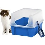 Iris USA Large Cat Litter Box with Scatter Shield and Scoop, Open Top High Sided Cat Litter Pan, Blue