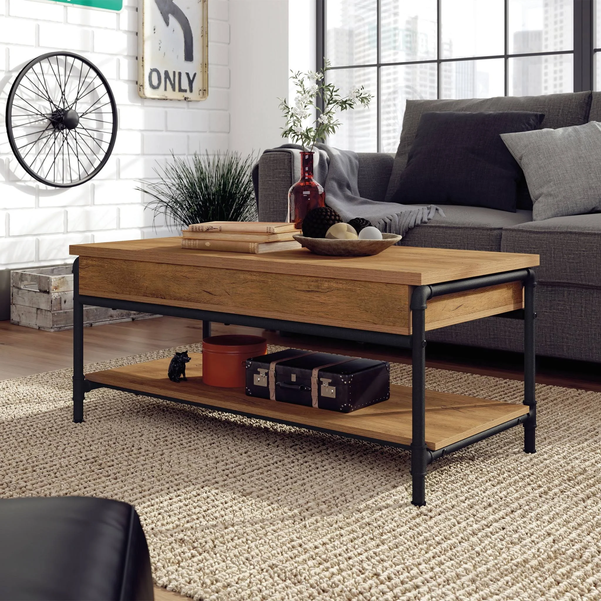 Iron City Lift Top Coffee Table Checked Oak - Sauder