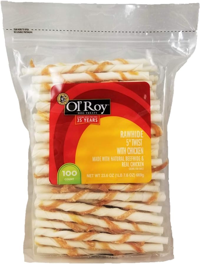 Rawhide with Chicken Twists All Natural OlRoy Dog Treats (100 Count) 1lb 8oz