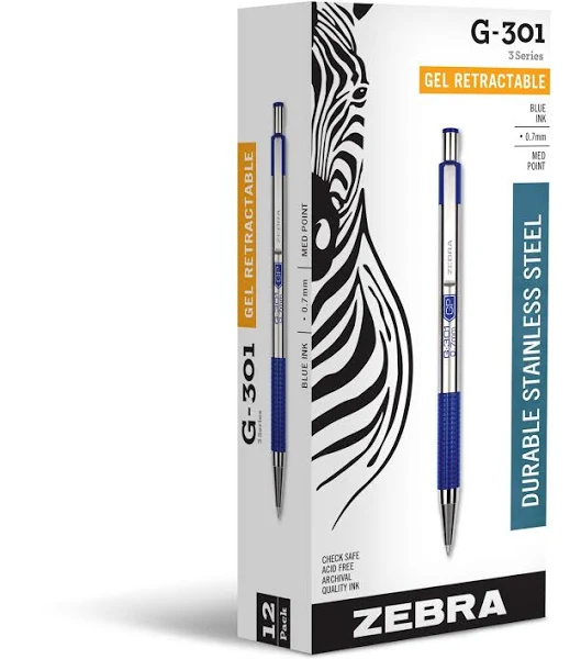 Zebra G-301 Retractable Gel Pen, Fine Point, 0.7mm, Blue Ink, 12 Count