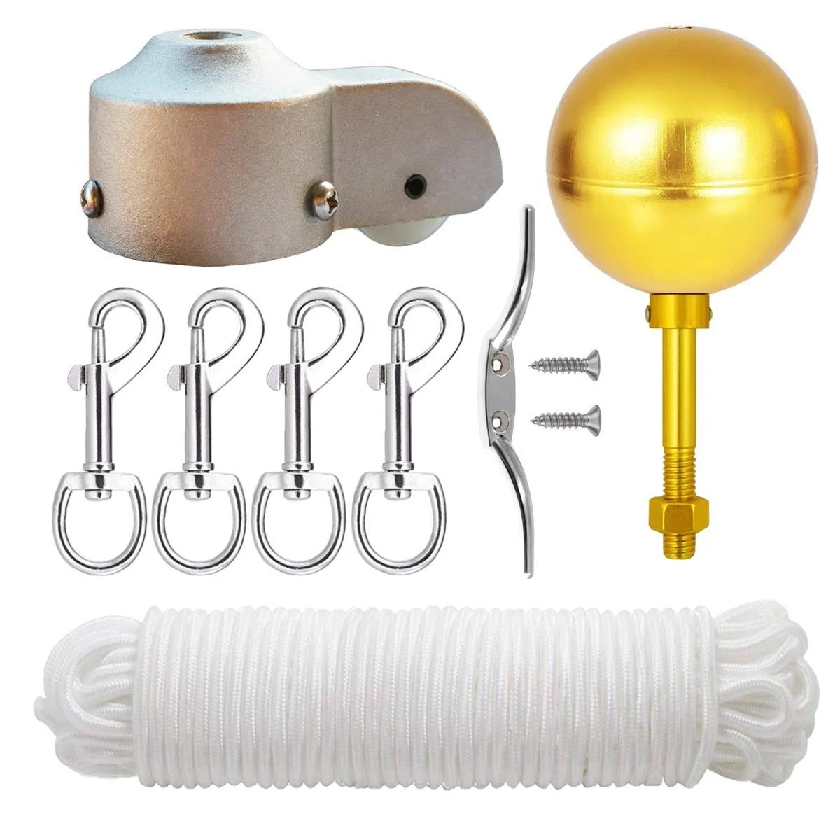 EKEV Flag Pole Hardware Parts Repair Kits - 3" Topper Gold Ball + 50 ft Halyard