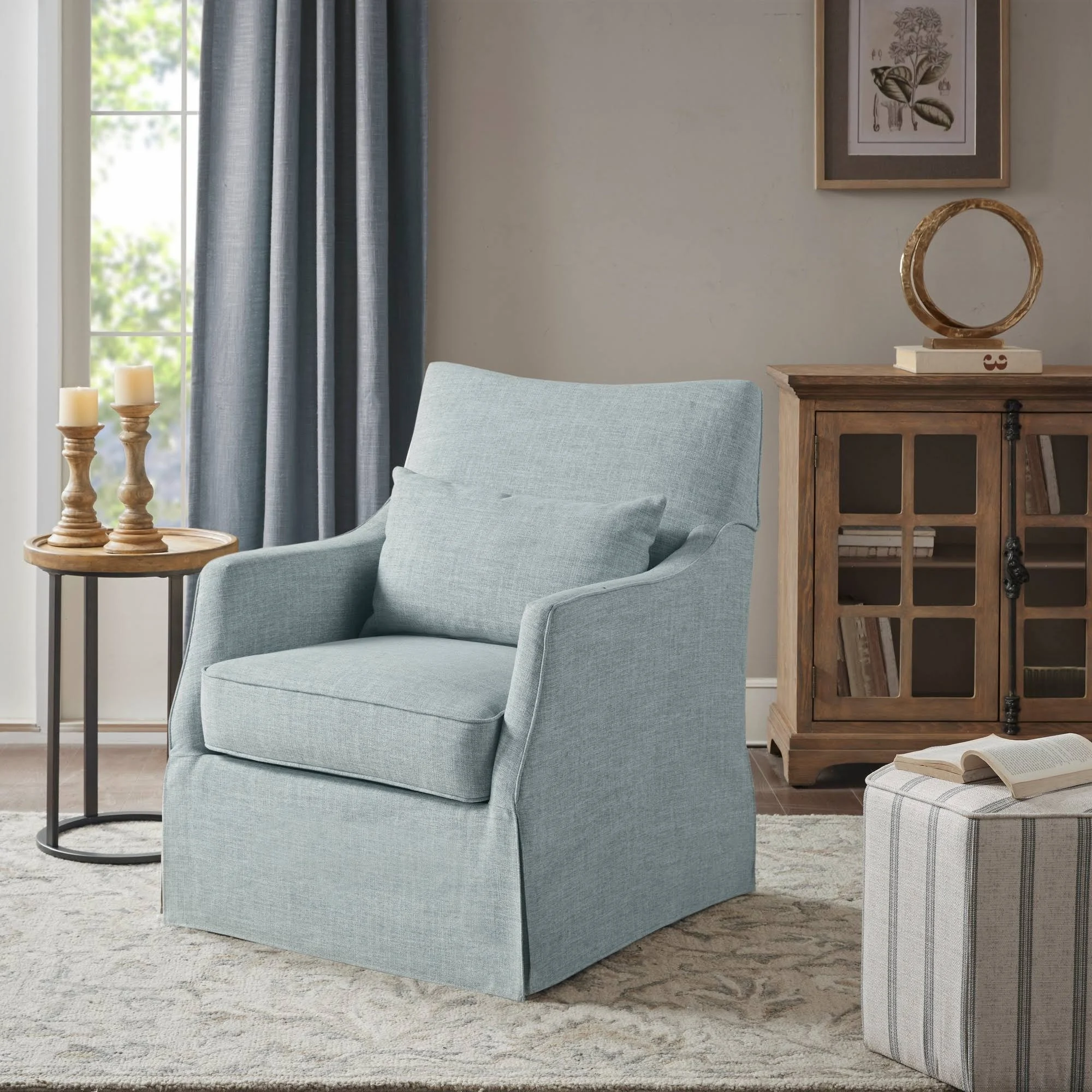 Martha Stewart - London Skirted Swivel Chair - Light Blue