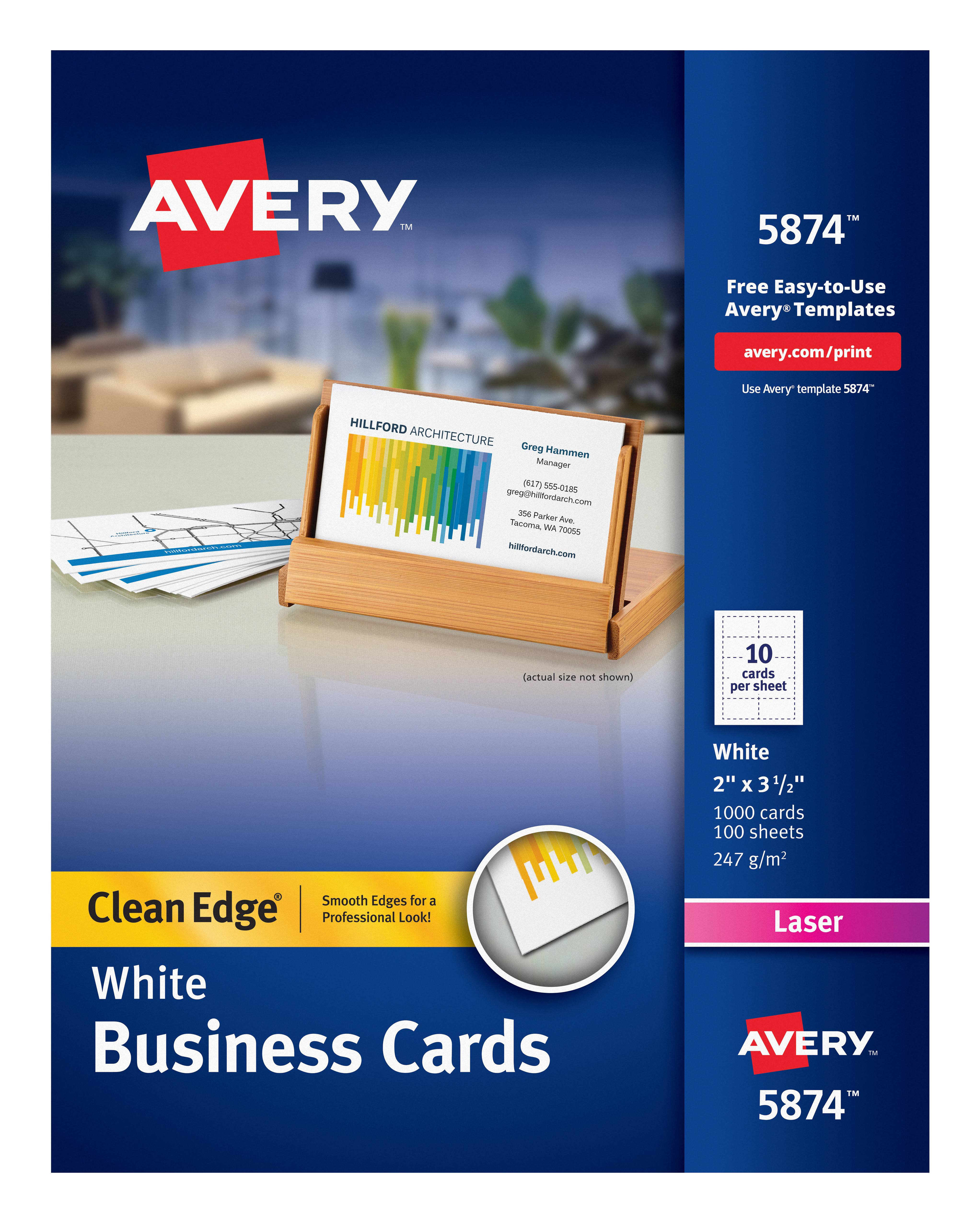 Avery Clean Edge Business Cards, Laser, 2 x 3 1/2, White, 1000/Box