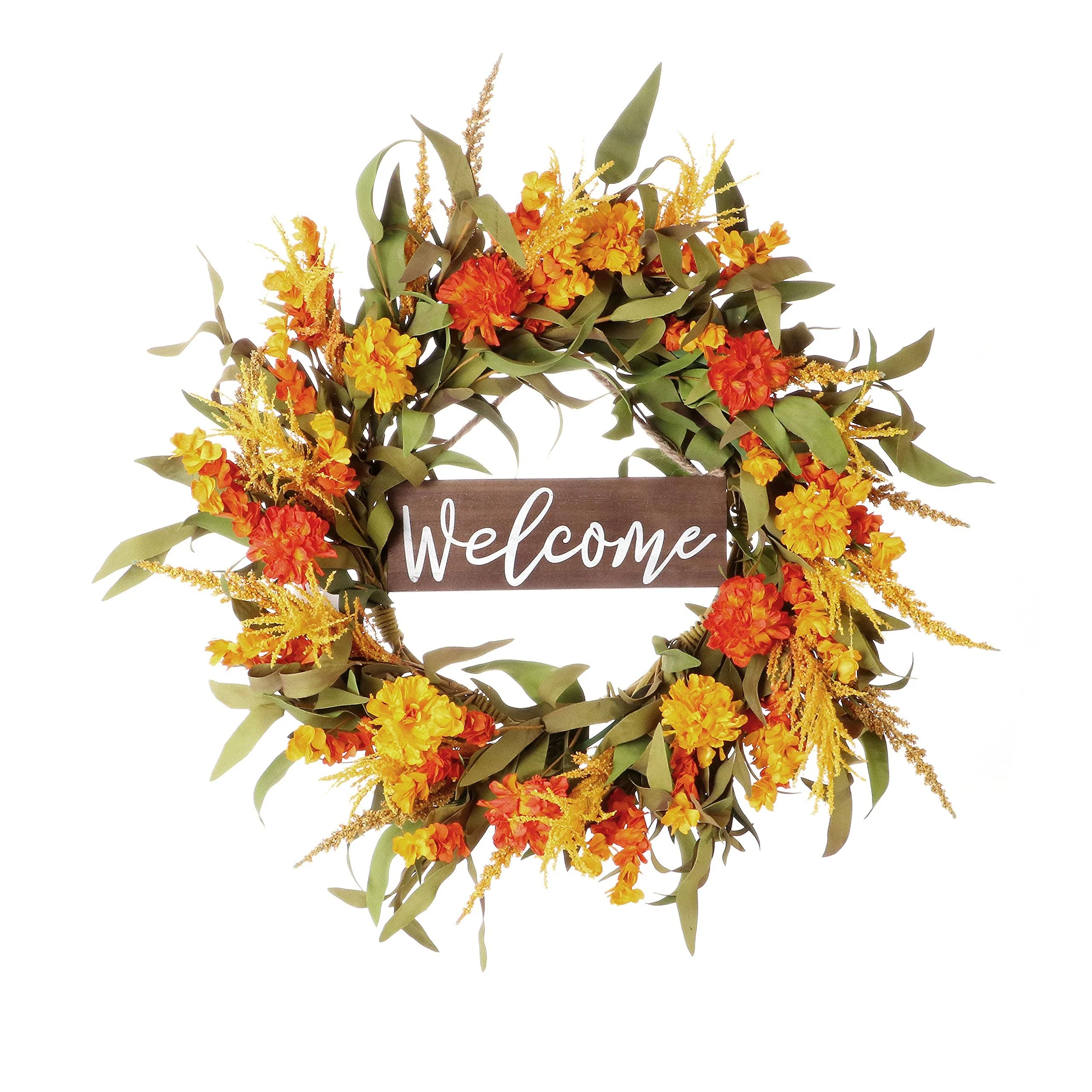 LLZLL Artificial Autumn Wreath 20 Orange Fall Flower Wreath with Leaf and Ear of ...