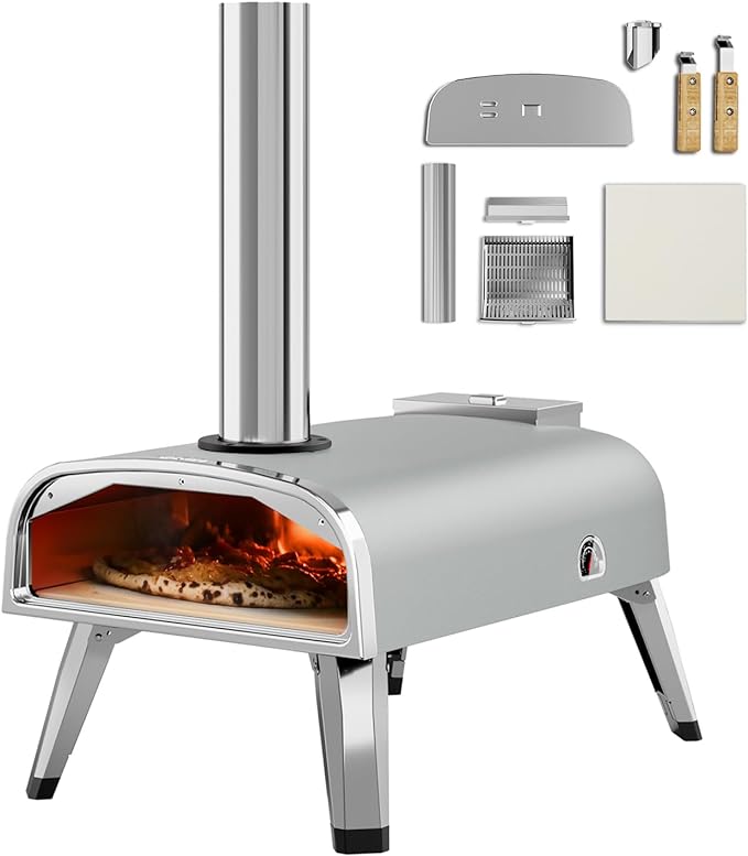 Pizza Oven Outdoor 12" Wood Fired Pizza Ovens Pellet Pizza Stove for Outside, Portable Stainless Steel Pizza Oven for Backyard Pizza Maker Portable Mobile Outdoor Kitchen (Gray-01)