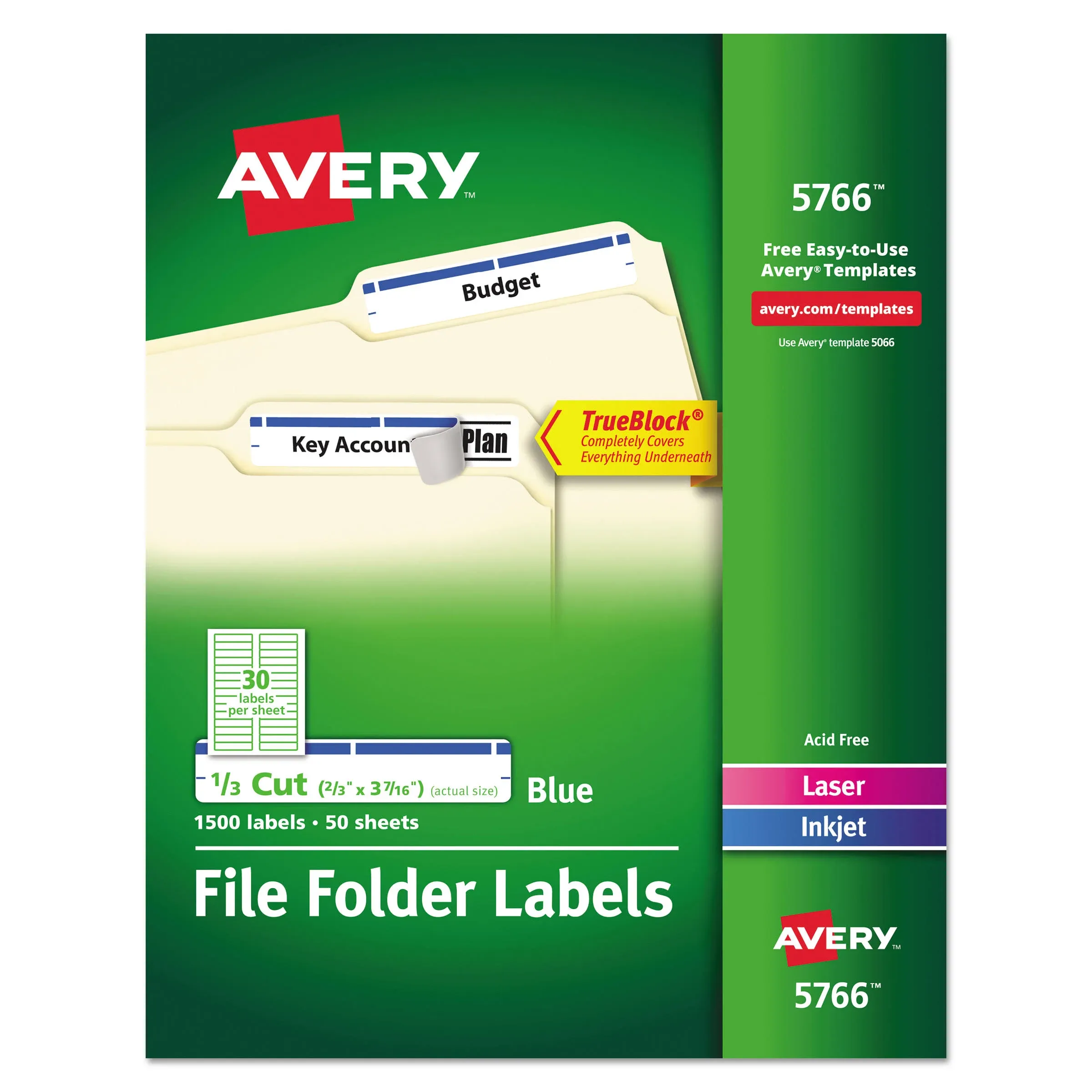 TrueBlock® File Folder Labels, 2/3” x 3-7/16”, 1,500 Printable Labels, Permanent Adhesive, White/Blue (5766) | Avery.com