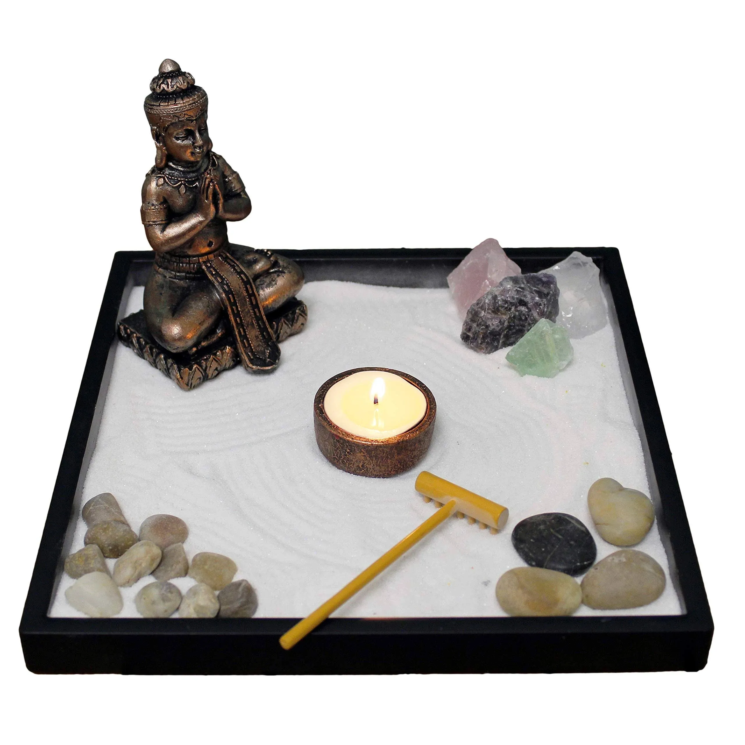 Mini Zen Garden Kit for Desk with Rake, White Sand, Buddha Figures, Tea-Light...