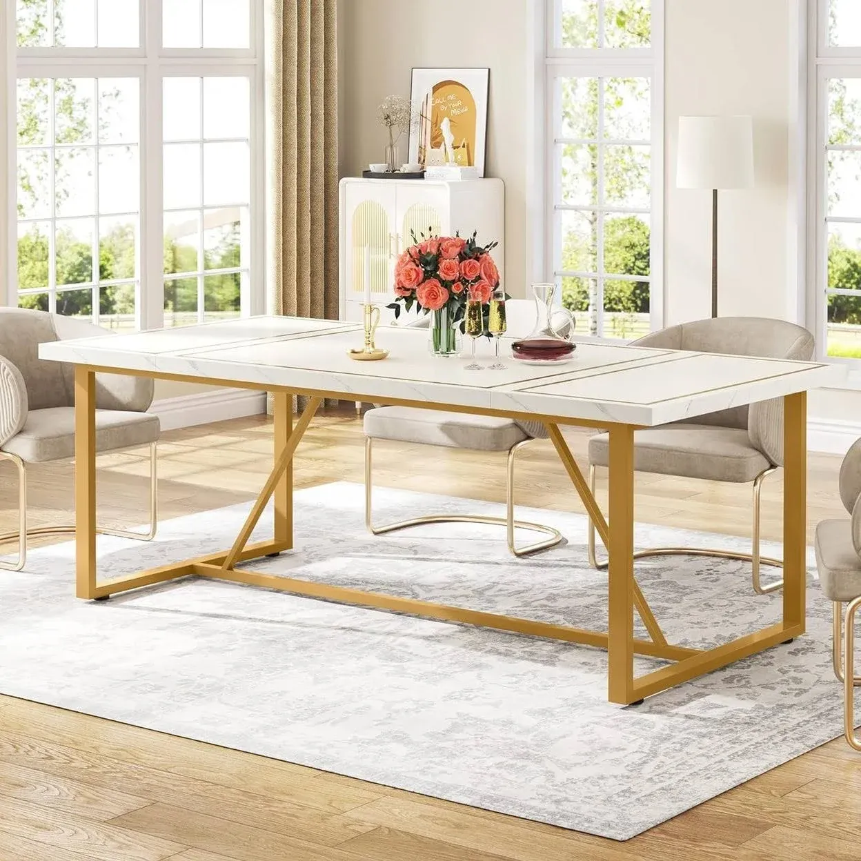 Tribesigns 70.86 Inch White Dining Table for 6-8 Gold Metal Base Rectangle