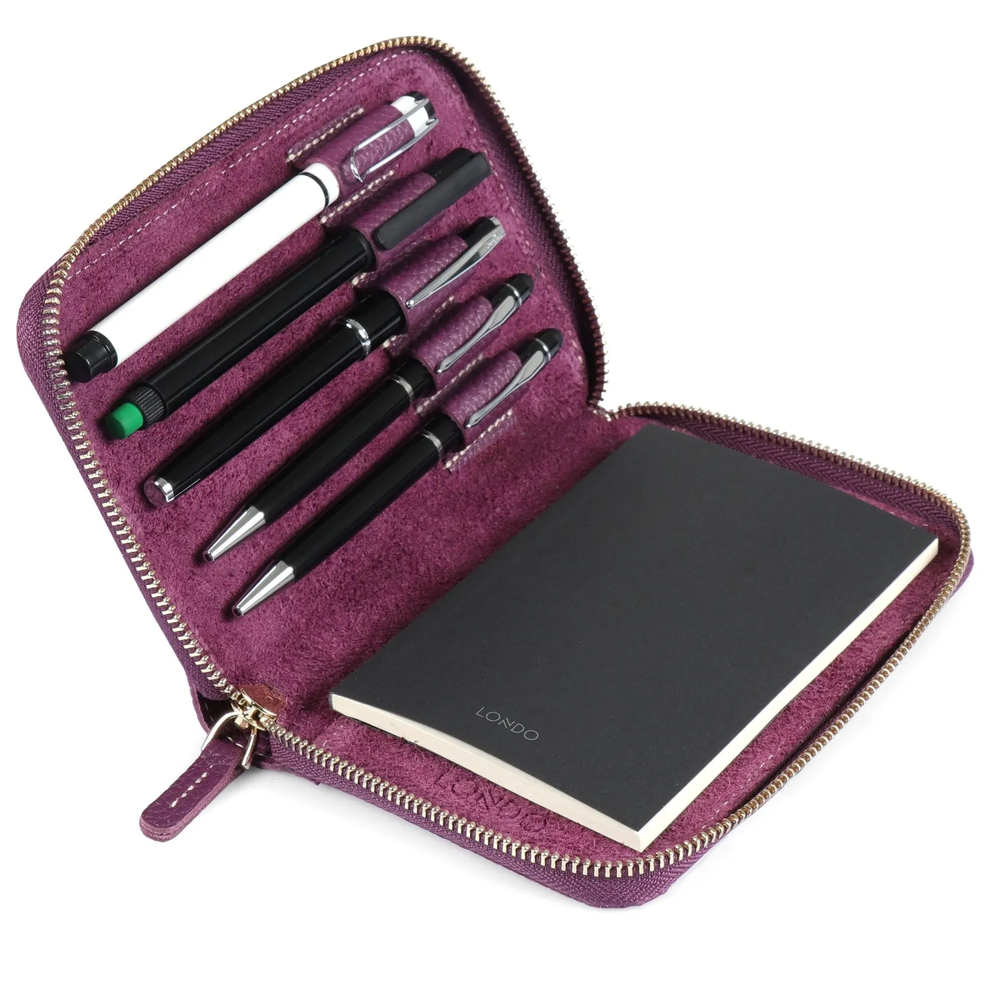 Londo Genuine Leather Padfolio with Pencil Holder Notepad and Zipper Closure (Purple)