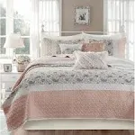 Madison Park 100% Cotton Quilt Set Floral Print, Double Sided Stitching, All Season, Lightweight Coverlet Shabby Chic Bedding Layer, Matching Shams, King/Cal King, Blush 6 Piece