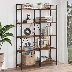 BON AUGURE Industrial Bookshelf, Bookcases and Bookshelves Etagere, Tall Large Farmhouse Book Shelves, 5 Tier Open Bookcase, Wood Metal Shelving Unit for Bedroom, Office (Rustic Oak)