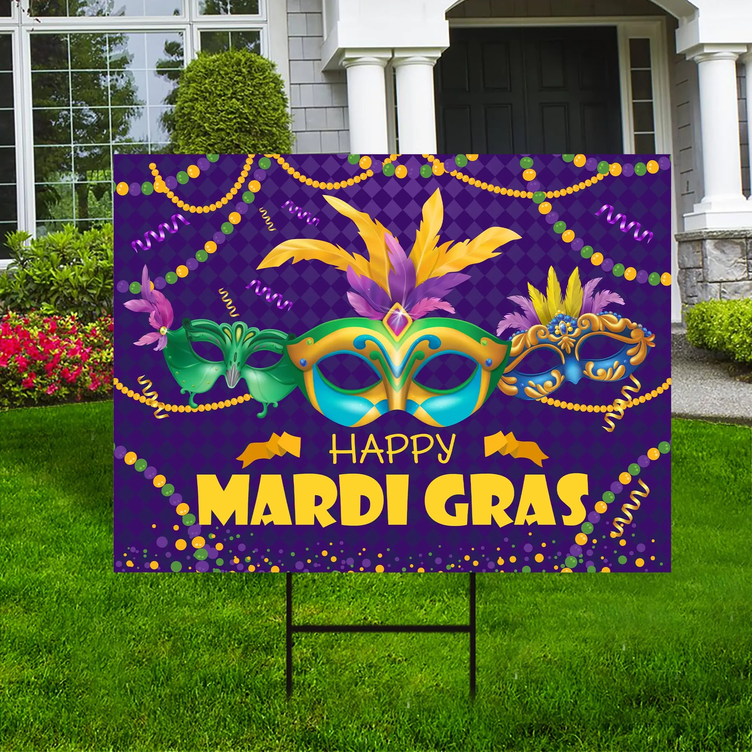 Mardi Gras Yard Sign - Coroplast Masquerade Party Theme Decorations Mardi Gras Jester Mask, Mardi Gras Mask Yard Sign with Metal H-Stake, VP2346