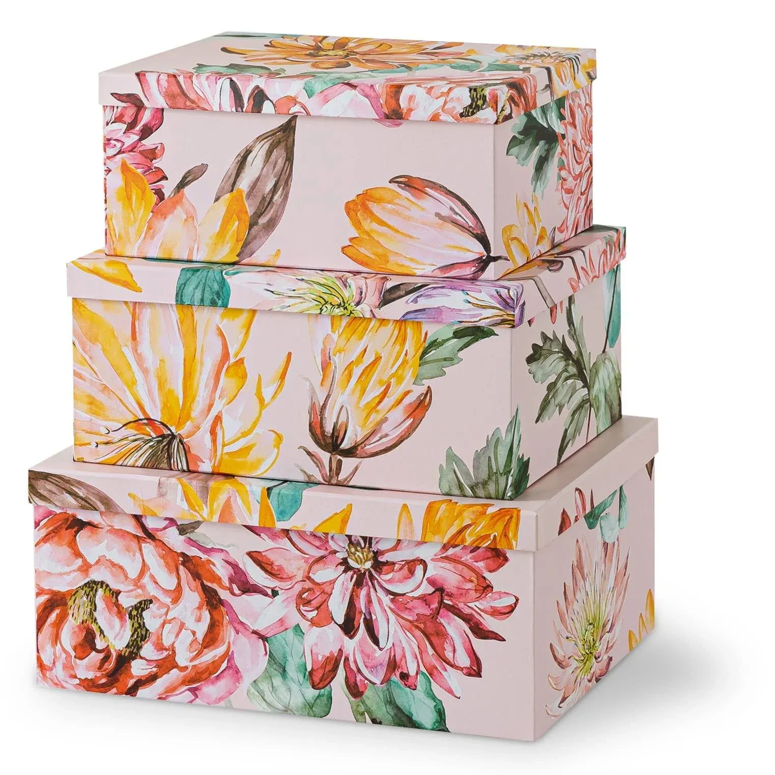 Soul & Lane Decorative Cardboard Boxes with Lids for Home Décor Beauty in Bloom - Set of 3: Floral Nesting Gift Boxes, Large Paperboard Storage