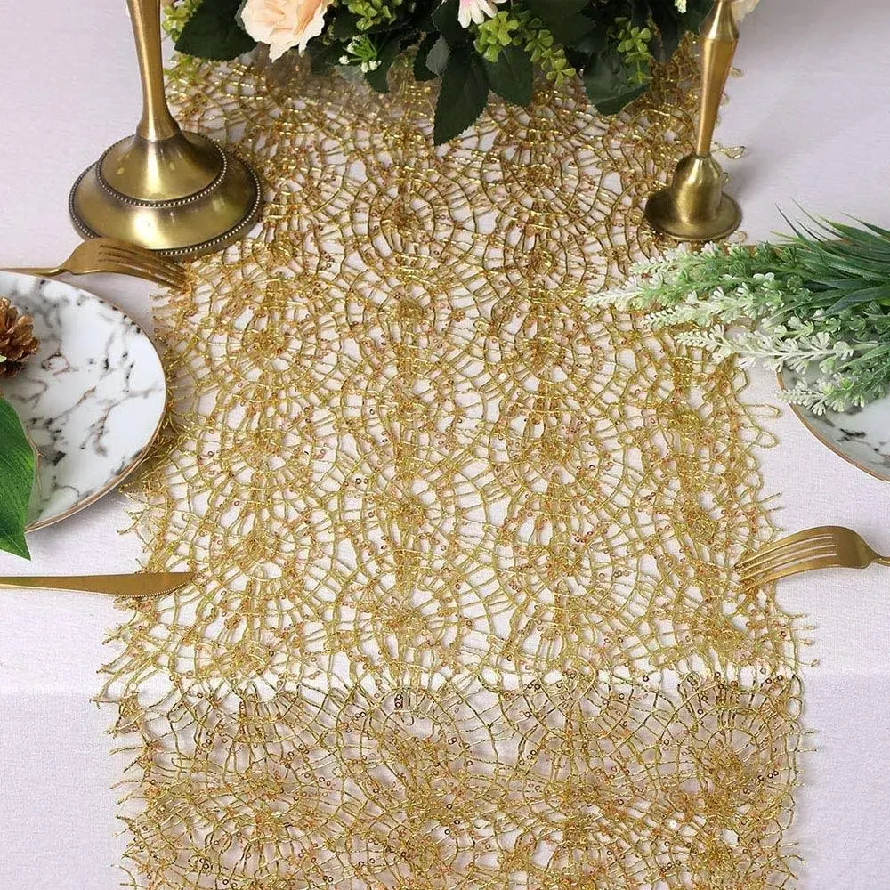 QueenDream 6 Pack Sequin Mesh Table Runner Gold 12 x 80 inch Glitter Gold Table Runner for Rectangle Table for Birthday Wedding Banquet