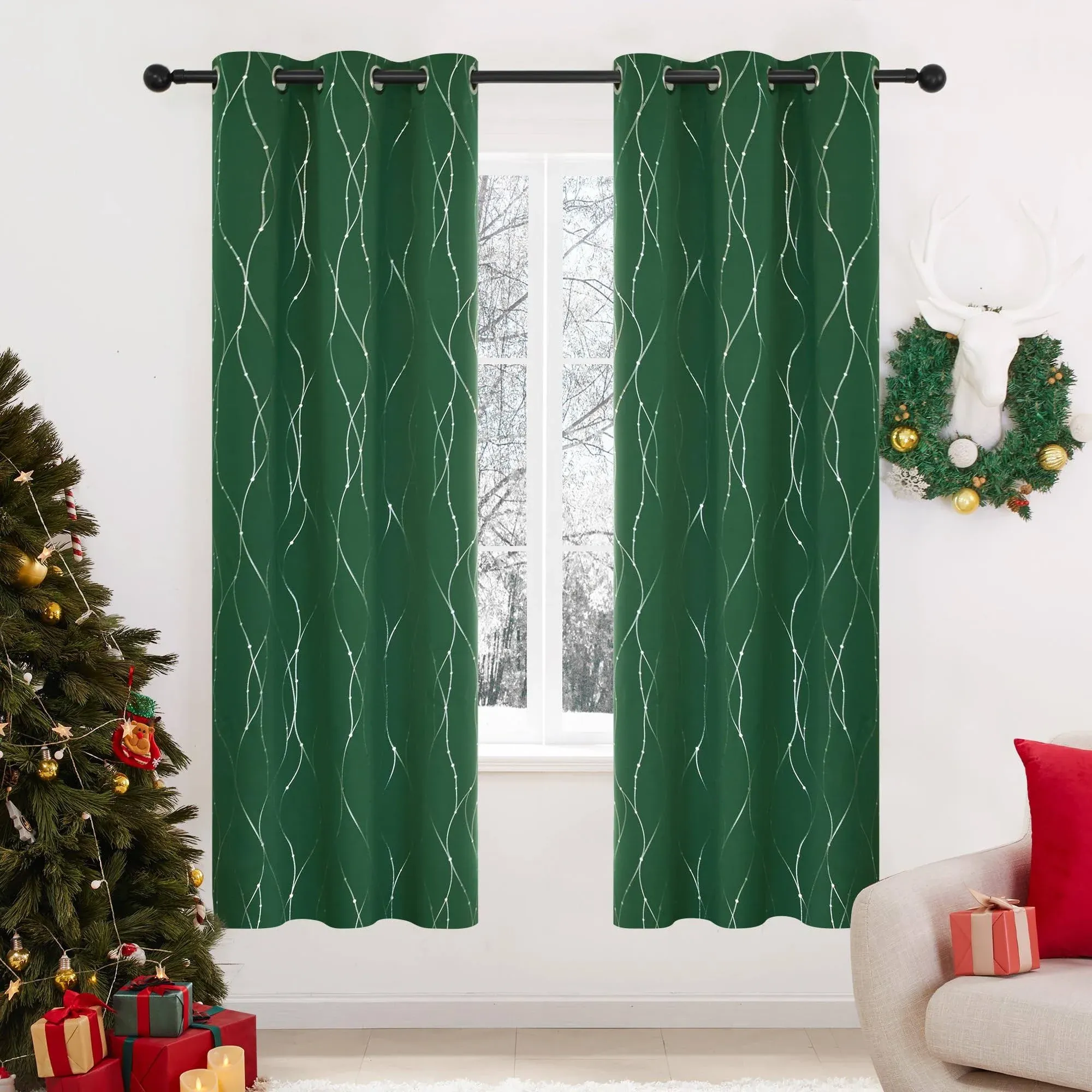 Deconovo Blackout Grommet Silver Pattern Printed Curtains, Dark Forest Green, 38W x 36L