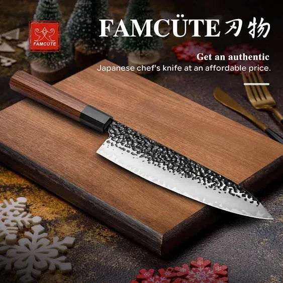 FAMCÜTE 8 Inch Japanese Knife, Hand Forged High Carbon Steel 3 Layers 9CR18MOV Wood Handle Professional Kitchen Knife