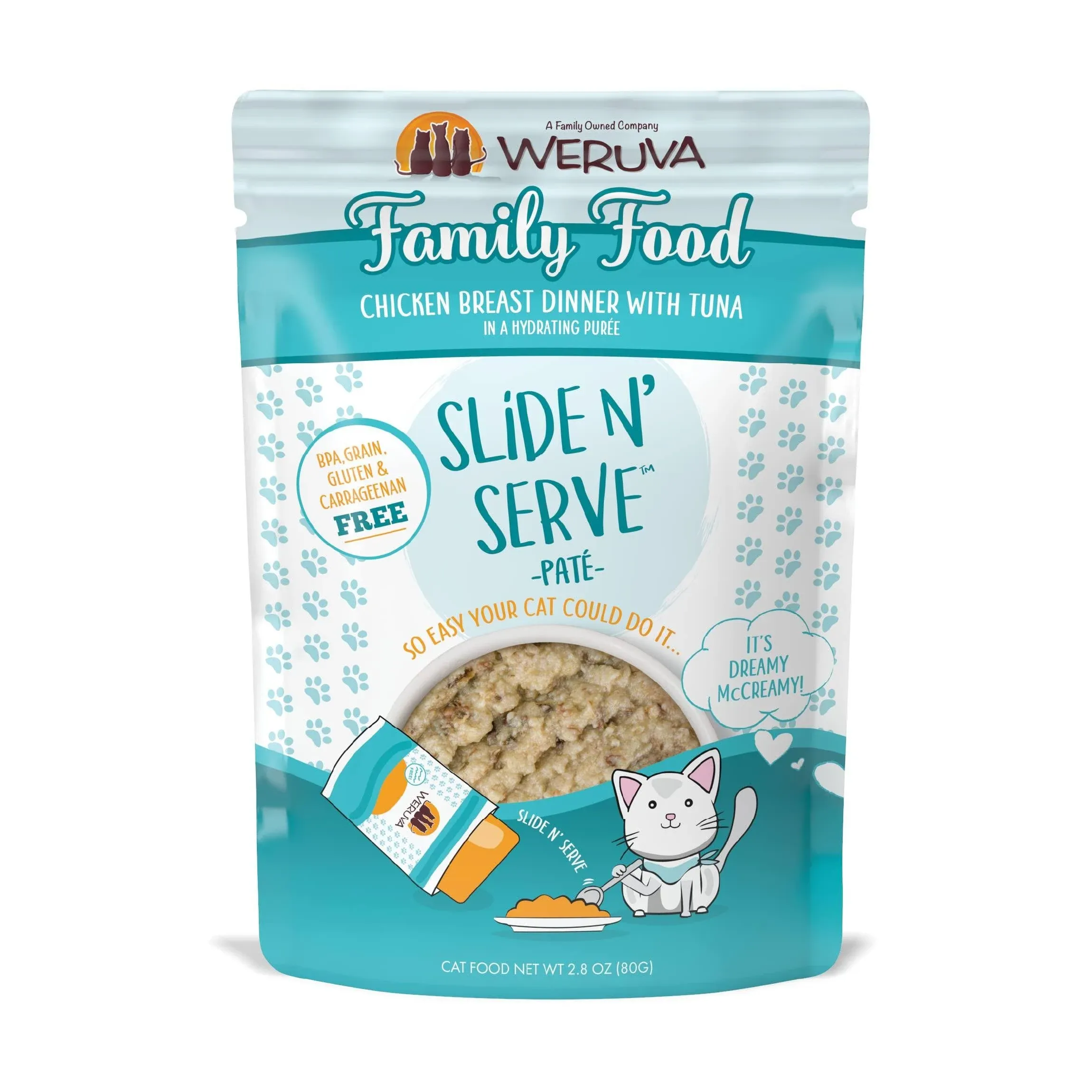 Weruva Slide N' Serve Grain Free Family Food Chicken Breast Dinner with Tuna Wet Cat Food Pouch - 2.8 oz, Case of 12