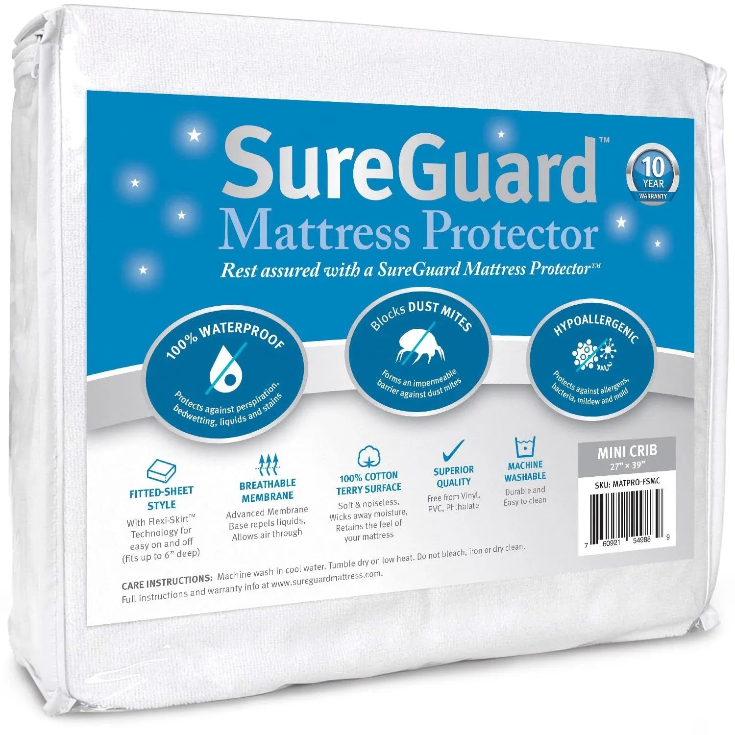 SureGuard Mini Crib Mattress Protector - 100% Waterproof, Hypoallergenic - Premium Fitted Cotton Terry Cover for Portable Pack N Play