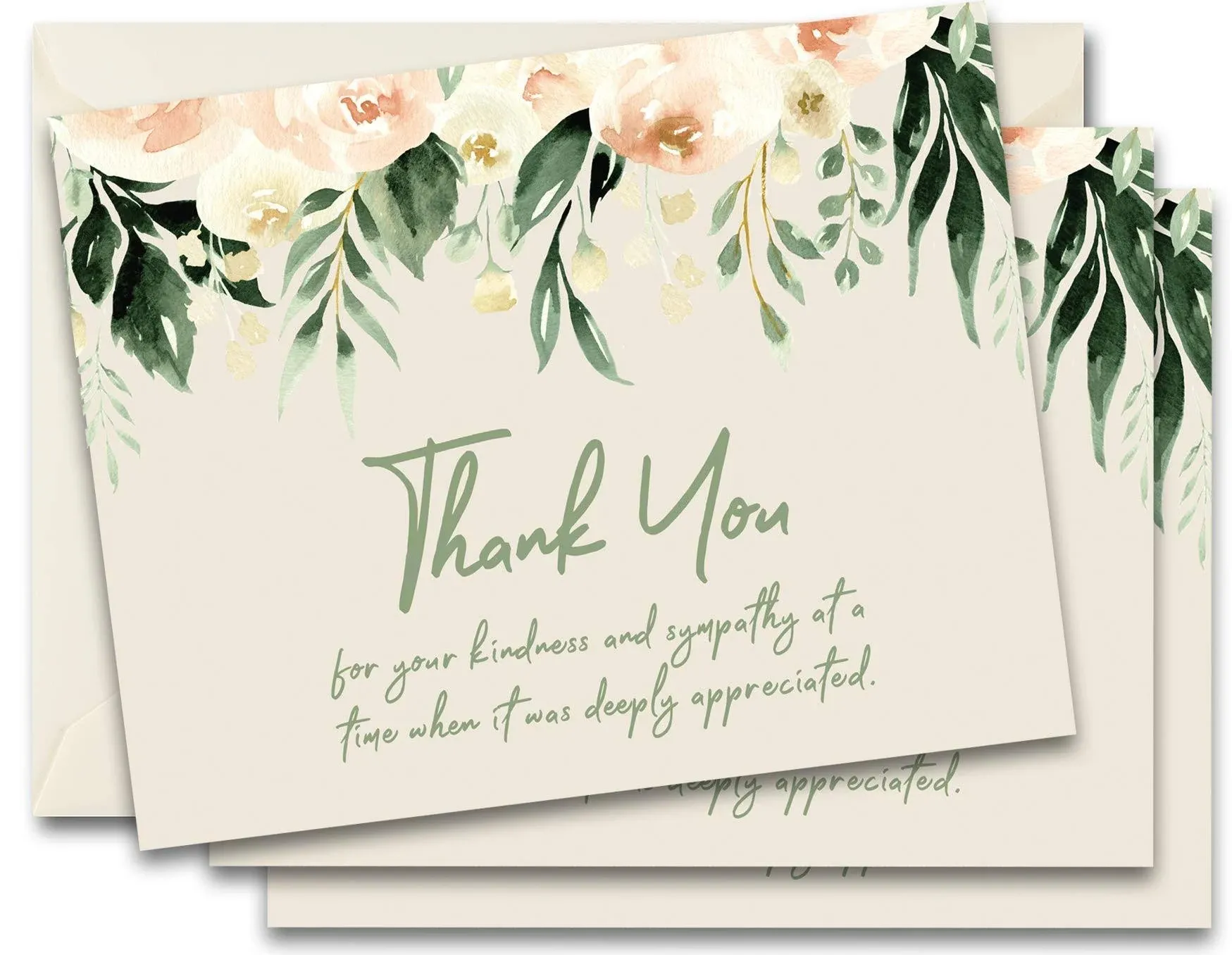 MPC Brands Blank Funeral Thank You Cards - Sympathy Bereavement Thank You Cards With Envelopes - Message Inside (50, Sage Floral)