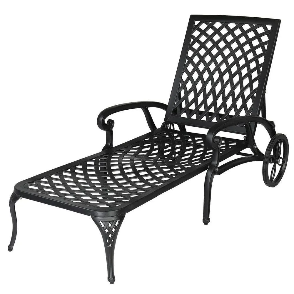 VINGLI Cast Aluminum Outdoor Chaise Lounge Chair with Wheels, Patio Chaise Lounge with 3-Position Adjustable Backrest, Outdoor Tanning Chair Patio Lounge Chair (Black, Without Cushion)