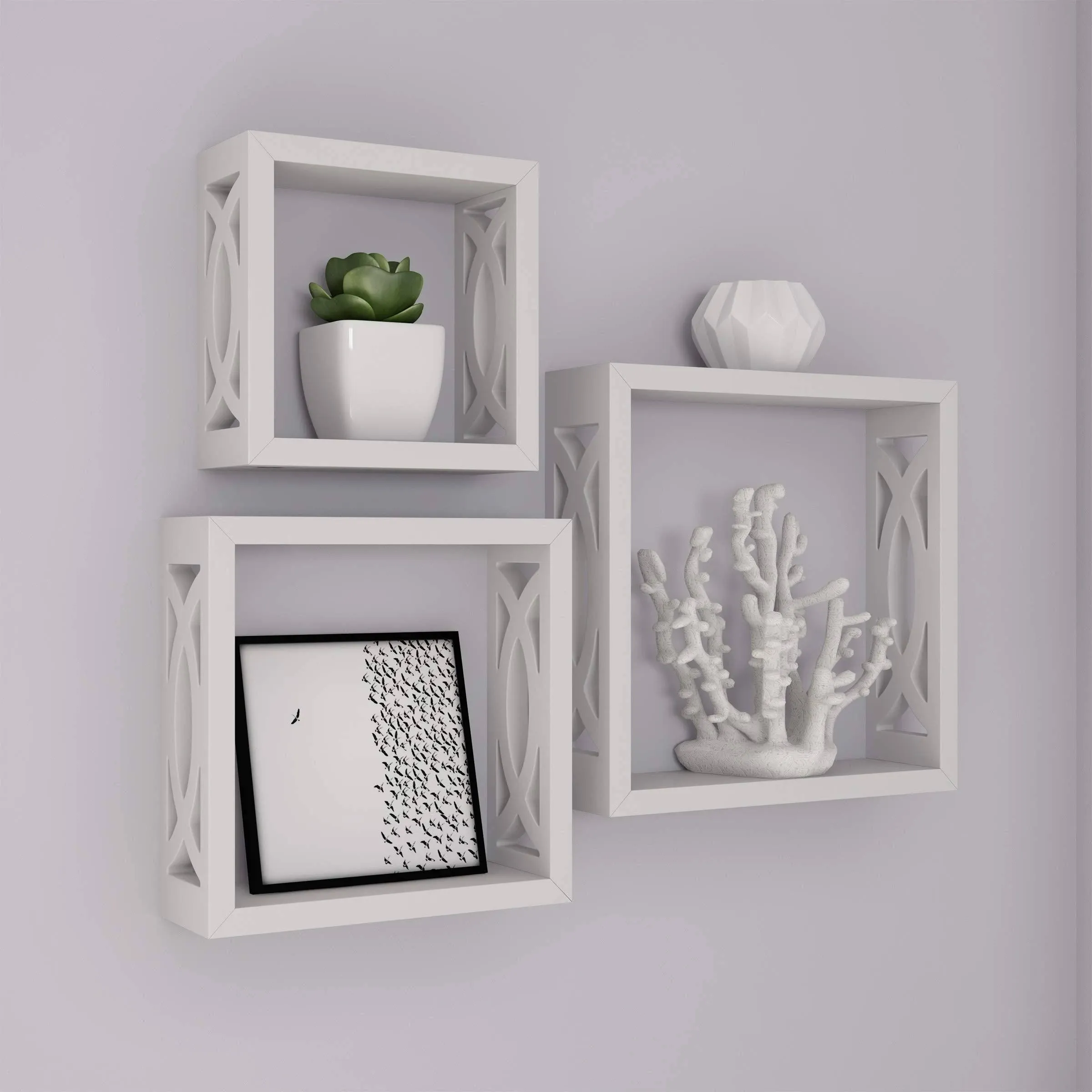 Lavish Home Floating Shelves- Open Cube Wall Shelf Set with Hidden Brackets, 3 Sizes to Display Décor, Photos, More- Hardware Included (White)