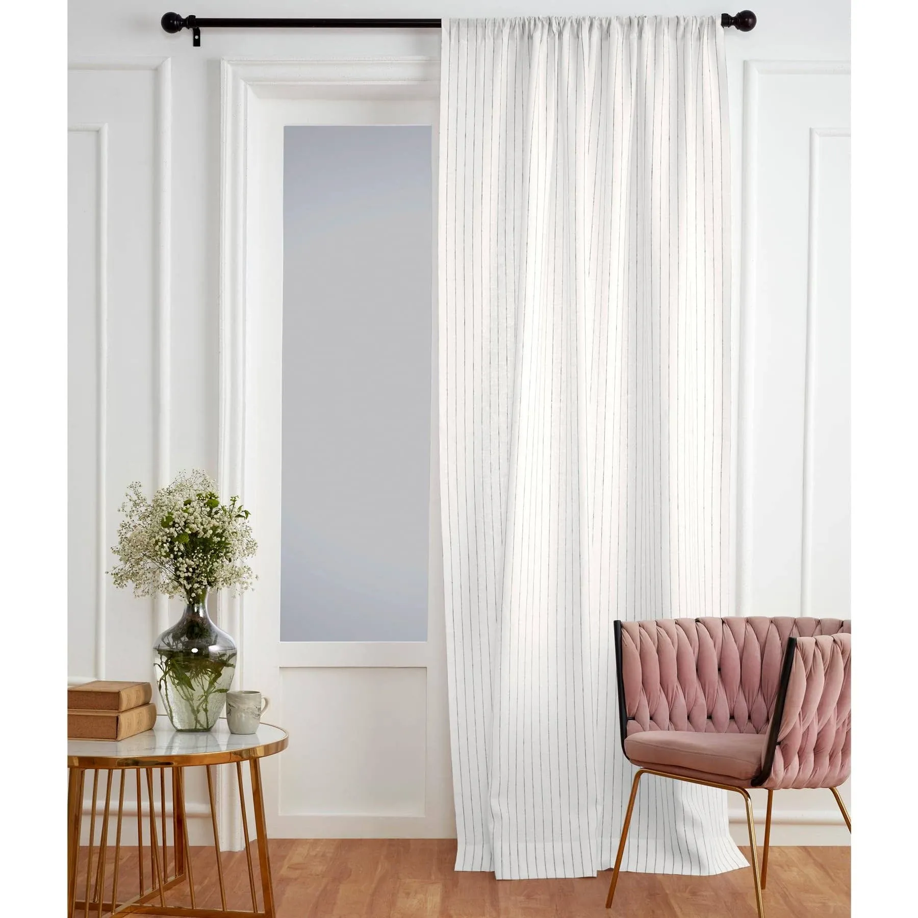 Solino Home 100% Pure Linen Curtain 96 Inches Long – White and Black Light Filtering Rod Pocket Curtain 52 x 96 Inch – Window Curtain Panel for Bedroom, Living Room – Pinstripe