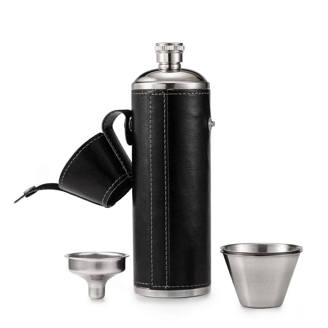 GENNISSY 10 OZ Black Bucket Hip Flask - PU Leather Stainless Steel Men Flasks for Liquor with Funnel and Cups