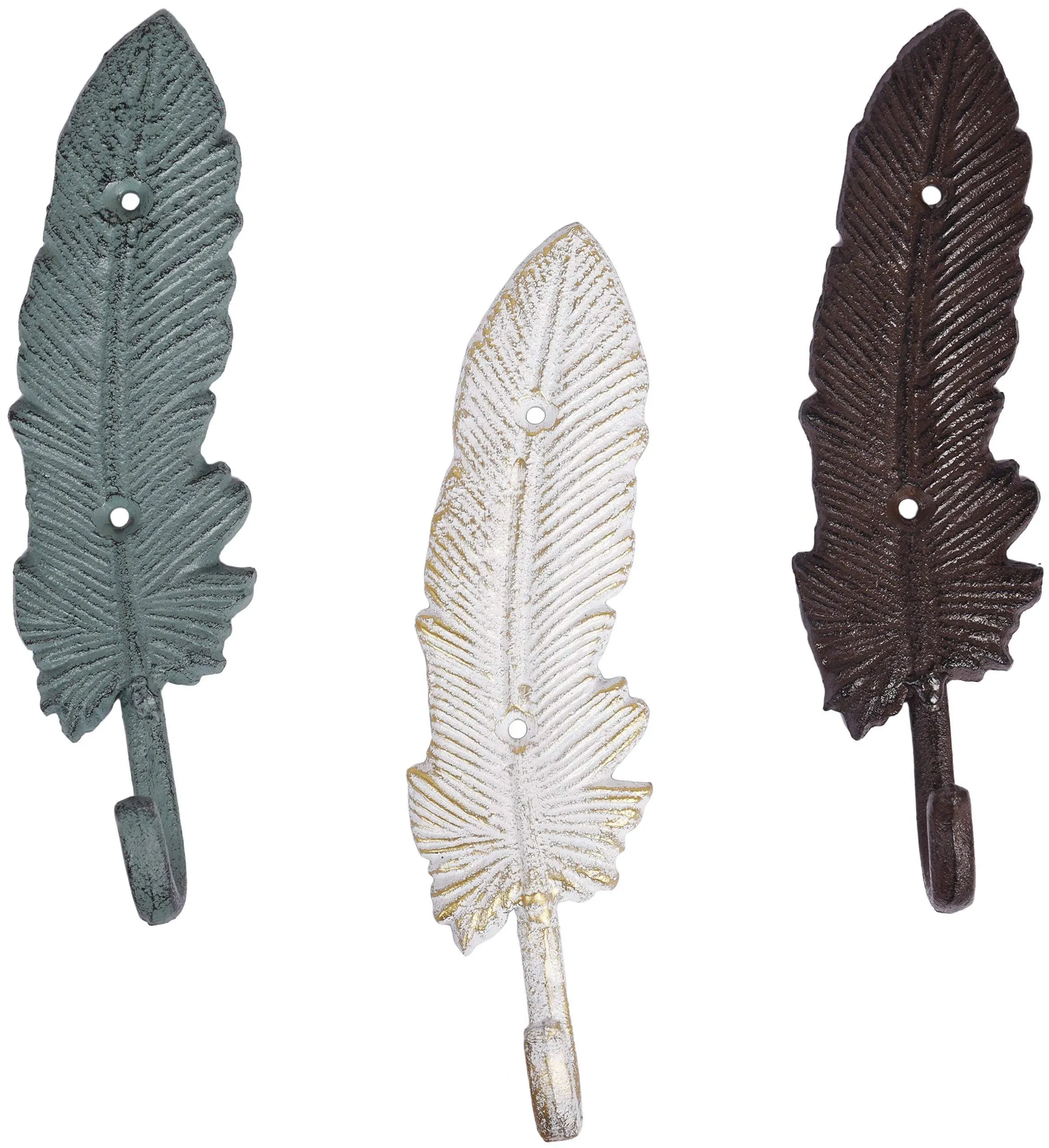 Decorative Rustic Iron Feathers Wall Coat Hooks (Set of 3)