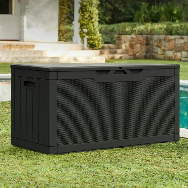 Devoko 100 Gallon Resin Deck Box Outdoor Waterproof Storage Box with Air Rod Outdoor Lockable Storage Bench,Black