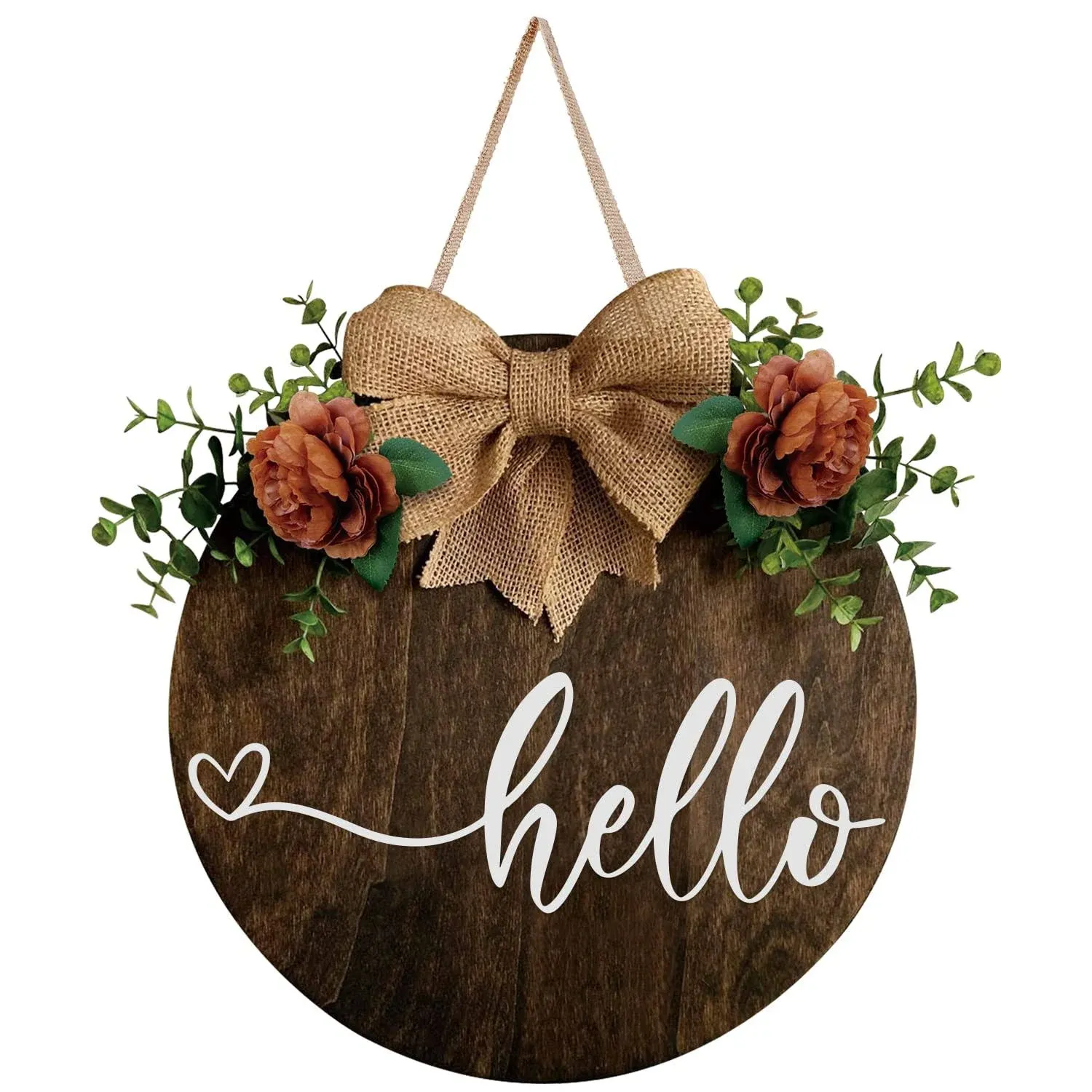 Wood Round Hello Welcome Wreath Sign Hanging Decoration Front Door, Farmhouse ...