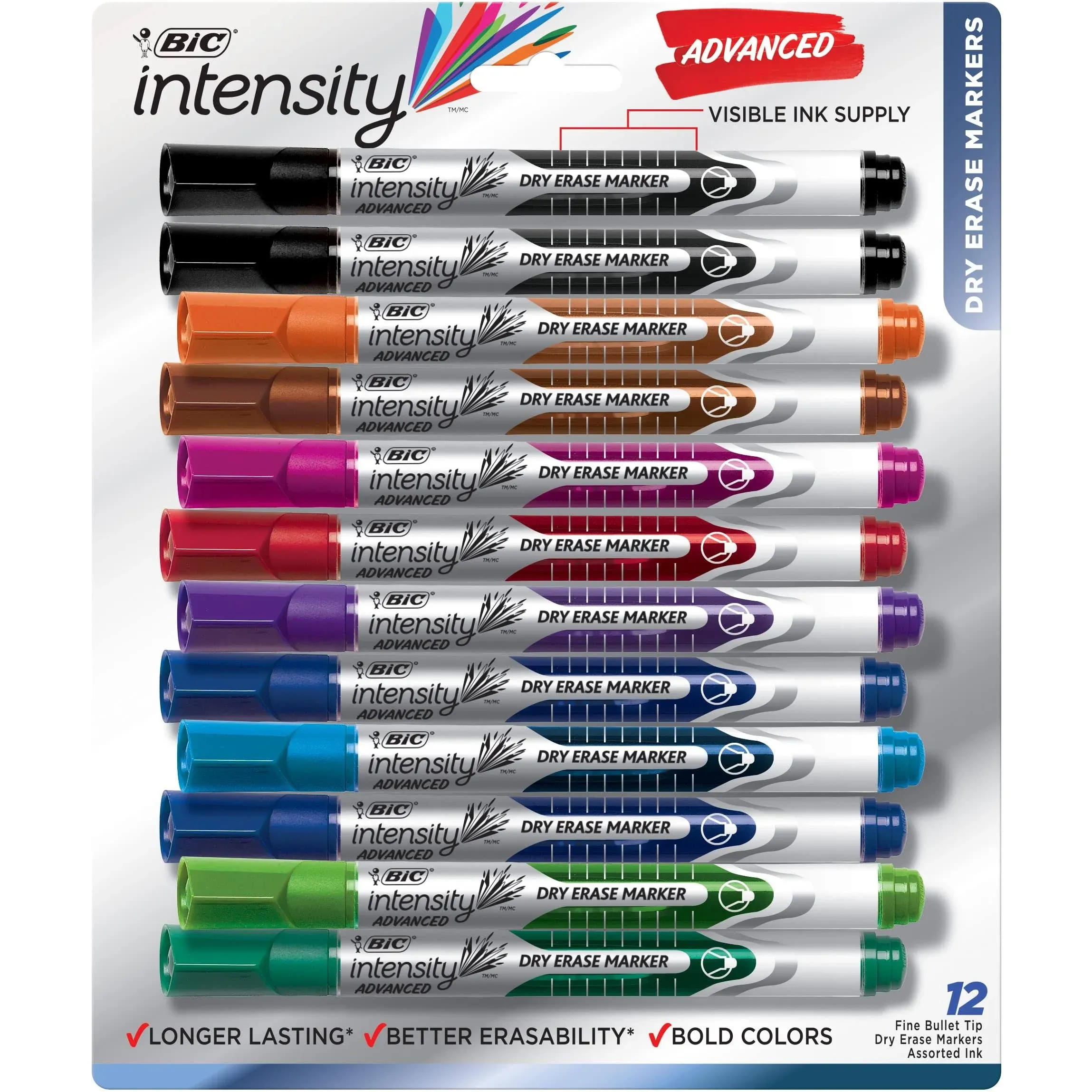 Bic Intensity Pocket-Style Advanced Dry Erase Marker, Medium Bullet Tip, Assorted, Dozen