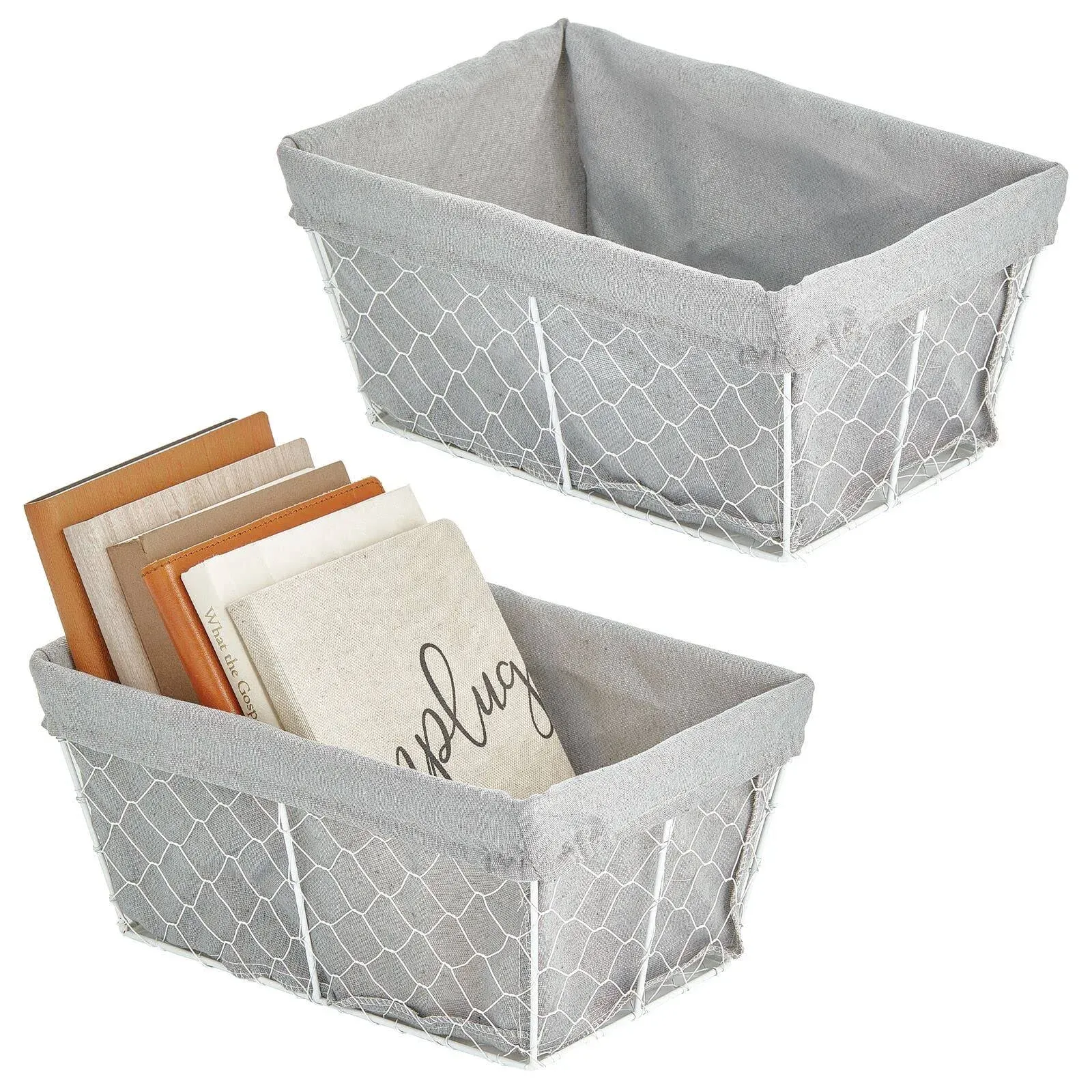 mDesign Medium Chicken Wire Storage Basket, Fabric Liner, 2 Pack, White/Gray